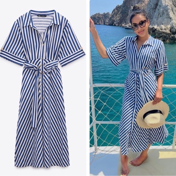 Zara Dresses & Skirts - NWT Zara Striped Belted Linen Blend Midi Dress in Blue & White size S